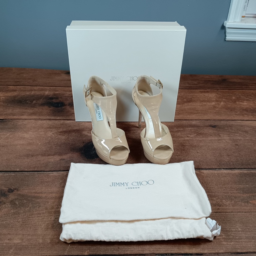 Jimmy Choo Patent Leather Nude Platform Heels T Strap Heels Size 37